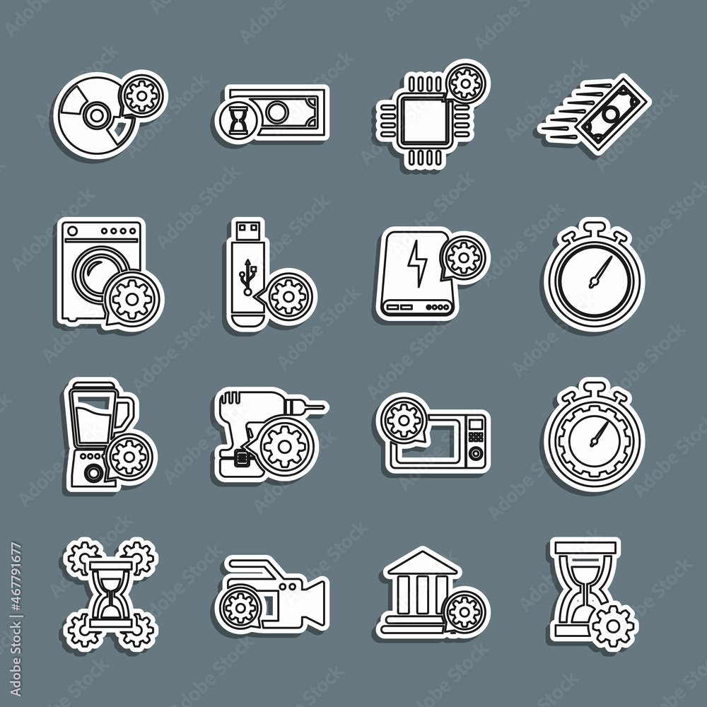 Set line Hourglass setting, Time management, Stopwatch, Processor, USB flash drive, Washer, CD DVD disk and Power bank icon. Vector Set line Hourglass setting, Time management, Stopwatch, Processor, USB flash drive, Washer, CD DVD disk and Power bank icon. Vector