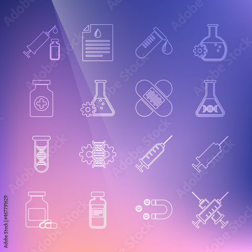 Set line Crossed syringe, Syringe, DNA research, search, Test tube with drop of blood, Bioengineering, Medicine bottle, Medical and vial and bandage plaster icon. Vector