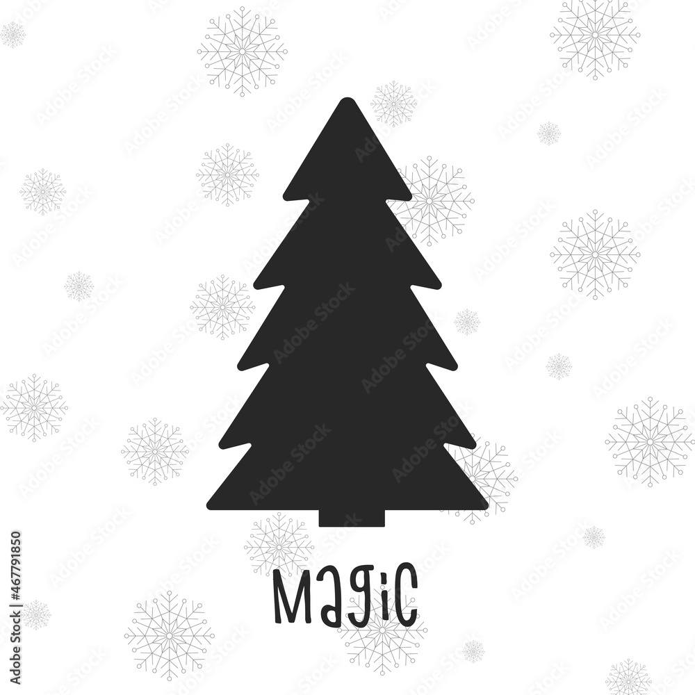 Black silhouette of a Christmas tree with snowflakes. Merry Christmas and Happy New Year 2022. Vector illustration. Magic. Black silhouette of a Christmas tree with snowflakes. Merry Christmas and Happy New Year 2022. Vector illustration. Magic.