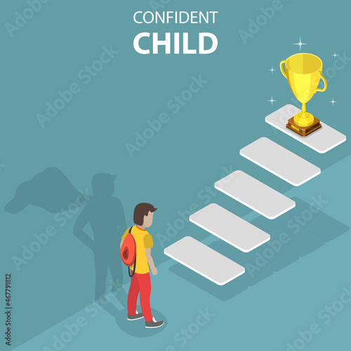 3D Isometric Flat Vector Conceptual Illustration of Confident Child, Teenager with Superhero Shadow in front of Future Life Steps