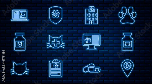 Set line Location veterinary, Cat medicine bottle, Veterinary hospital, clinic, Dog, Clinical record laptop, pet monitor and Animal health insurance icon. Vector