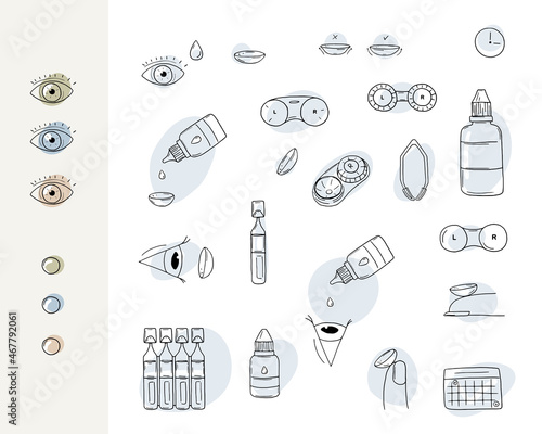 Eye care vector set. Contact lenses doodle vector illustrations. Eye lens, drops, tweezers, case, wash liquid, colored contacts, calendar.