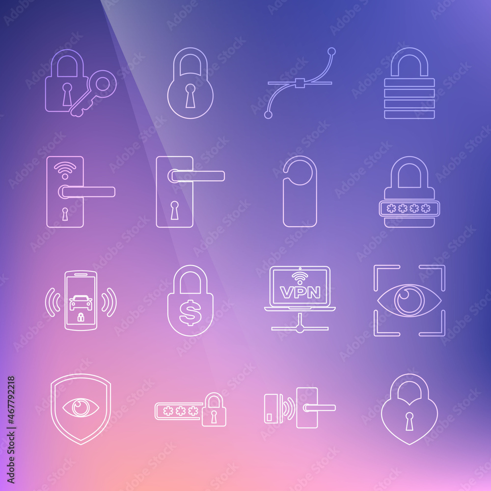 Set line Castle in the shape of heart, Eye scan, Password protection, Bezier curve, Door handle, Digital door lock with wireless, Lock key and Please not disturb icon. Vector Set line Castle in the shape of heart, Eye scan, Password protection, Bezier curve, Door handle, Digital door lock with wireless, Lock key and Please not disturb icon. Vector