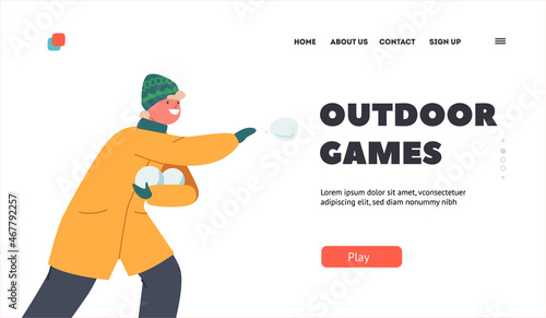 Outdoor Games Landing Page Template. Christmas Holidays Activity, Winter Season Vacation. Little Boy Playing Snowballs