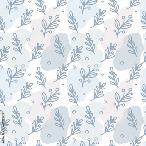 Seamless pattern of leaves and spots. Branches with berries and leaves. Pastel delicate palette. Flat style vector pattern.