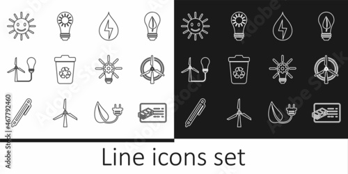 Set line Financial document, Rotating wind turbine, Water energy, Recycle with recycle, Light bulb, Cute sun smile, gear and Solar panel icon. Vector