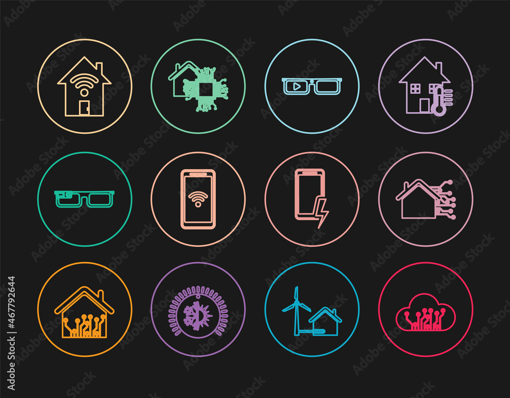 Set line Internet of things, Smart home, glasses, Mobile with wi-fi wireless, charging battery and icon. Vector Set line Internet of things, Smart home, glasses, Mobile with wi-fi wireless, charging battery and icon. Vector