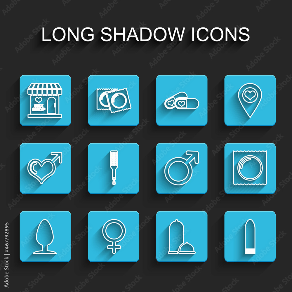 Set line Anal plug, Female gender symbol, Sex shop building, Condoms safe sex, Dildo vibrator, Spanking paddle, package and Male icon. Vector Set line Anal plug, Female gender symbol, Sex shop building, Condoms safe sex, Dildo vibrator, Spanking paddle, package and Male icon. Vector