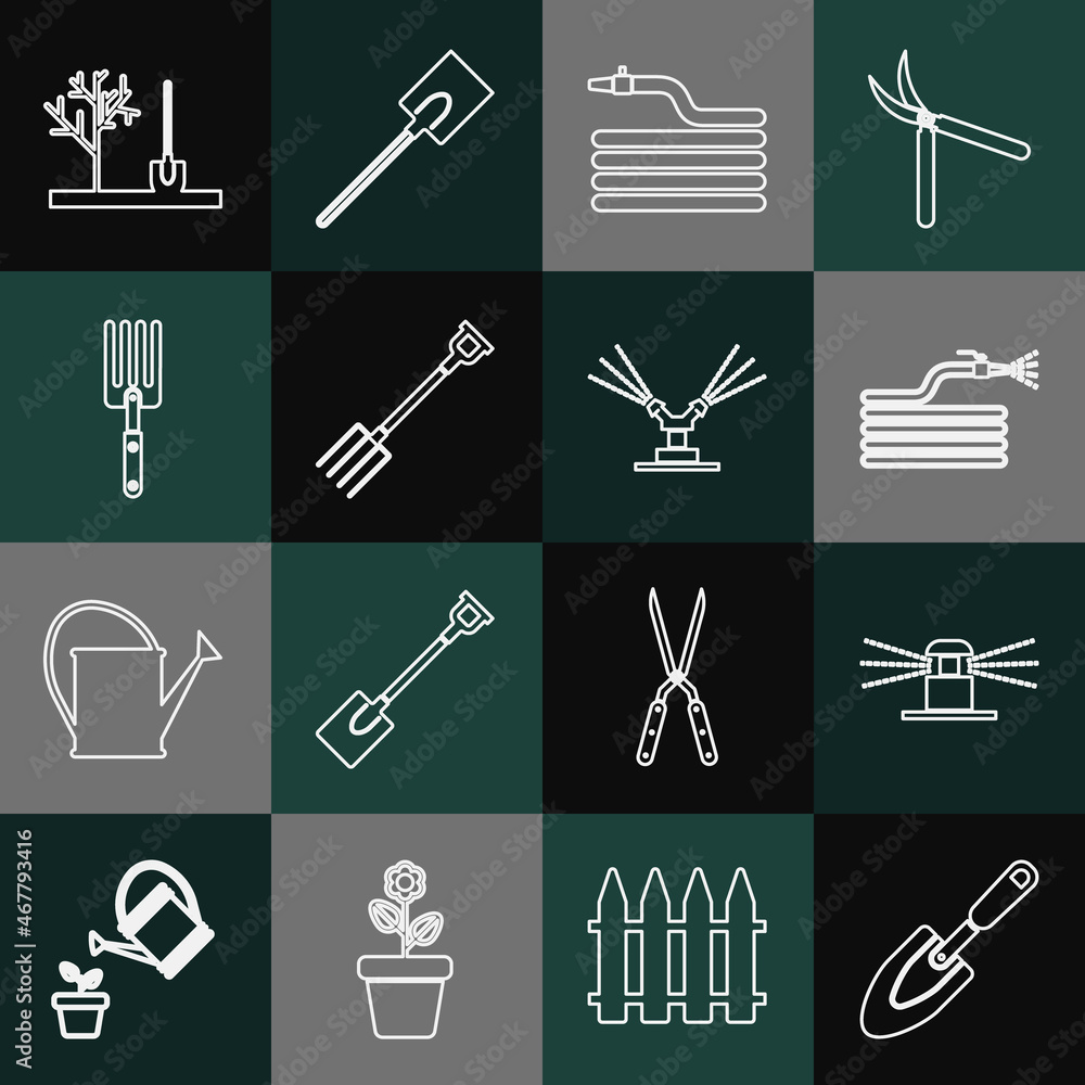 Set line Garden trowel spade or shovel, Automatic irrigation sprinklers, hose fire hose, pitchfork, Planting tree the ground and icon. Vector Set line Garden trowel spade or shovel, Automatic irrigation sprinklers, hose fire hose, pitchfork, Planting tree the ground and icon. Vector