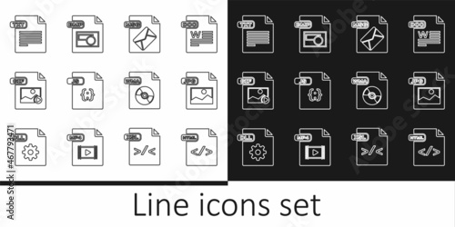 Set line HTML file document, JPG, MSG, JS, GIF, TXT, WMA and BMP icon. Vector