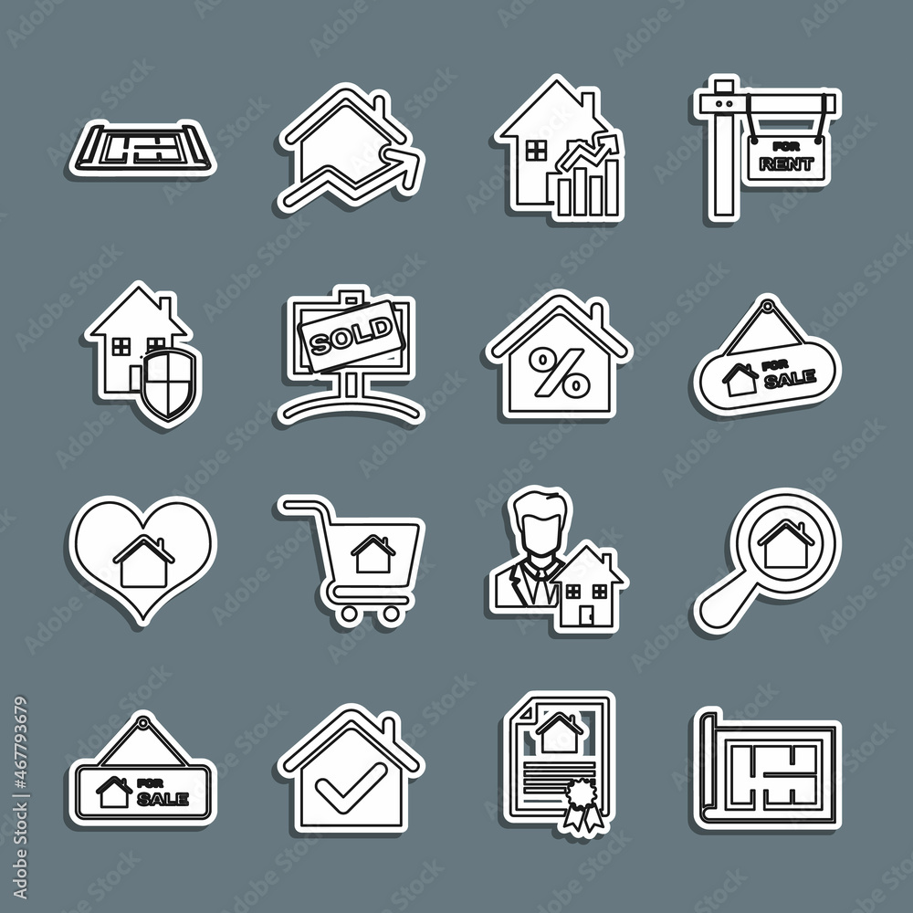 Set line House plan, Search house, Hanging sign with For Sale, Rising cost of housing, Sold, under protection, and percant icon. Vector Set line House plan, Search house, Hanging sign with For Sale, Rising cost of housing, Sold, under protection, and percant icon. Vector