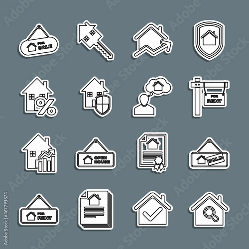 Set line Search house, Hanging sign with Sold, For Rent, Rising cost of housing, House under protection, percant, Sale and Man dreaming about buying icon. Vector