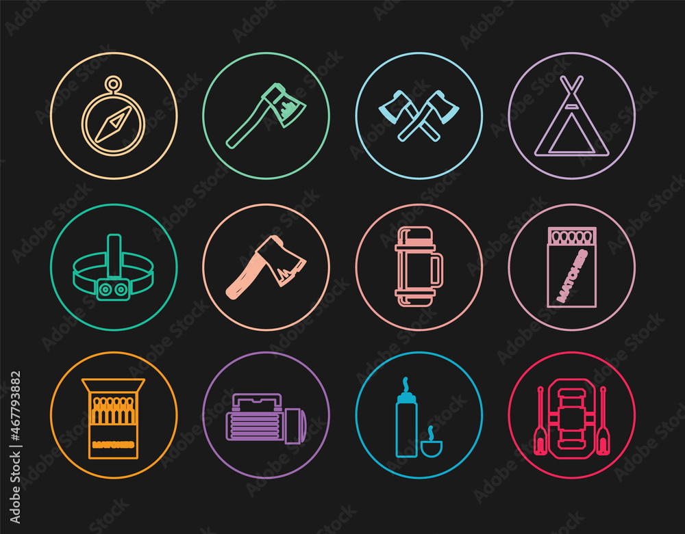 Set line Rafting boat, Open matchbox and matches, Crossed wooden axe, Old, Head flashlight, Compass, Thermos container and Wooden icon. Vector Set line Rafting boat, Open matchbox and matches, Crossed wooden axe, Old, Head flashlight, Compass, Thermos container and Wooden icon. Vector