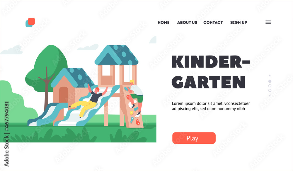 Kindergarten Landing Page Template. Happy Children Playing and Fun on Playground or Kids Zone. Characters Active Games Kindergarten Landing Page Template. Happy Children Playing and Fun on Playground or Kids Zone. Characters Active Games