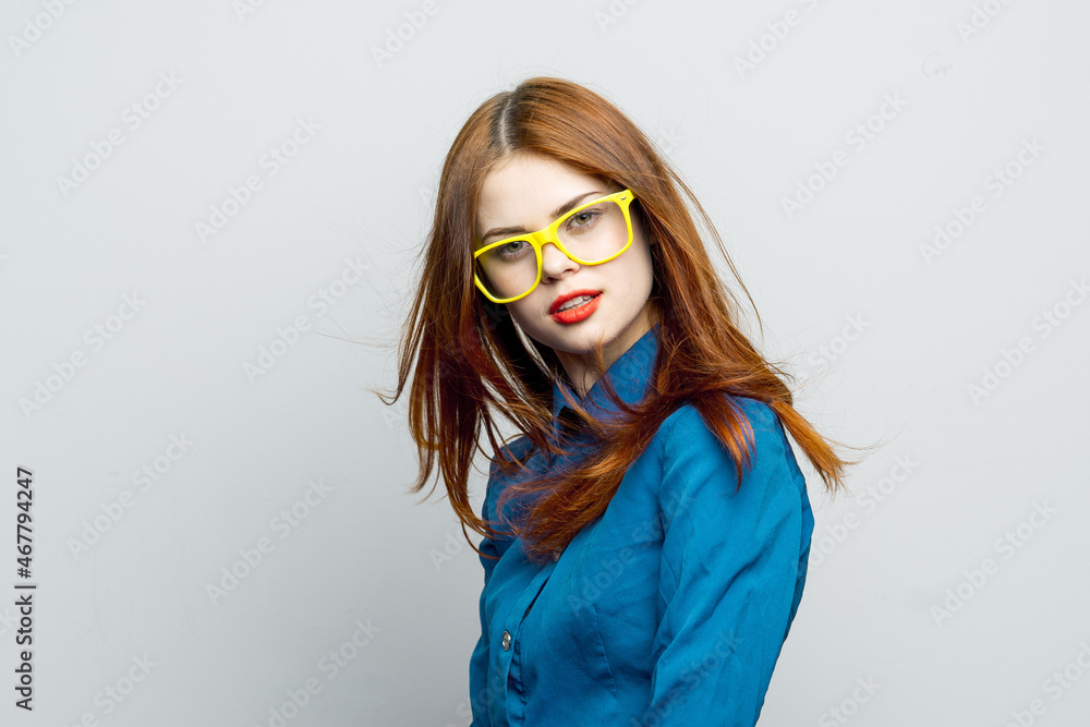 woman wearing yellow glasses red lips home fashion elegant style woman wearing yellow glasses red lips home fashion elegant style