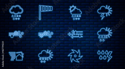 Set line Storm, Cloudy with rain and sun, snow, rain,, Wind, and Cone windsock wind vane icon. Vector