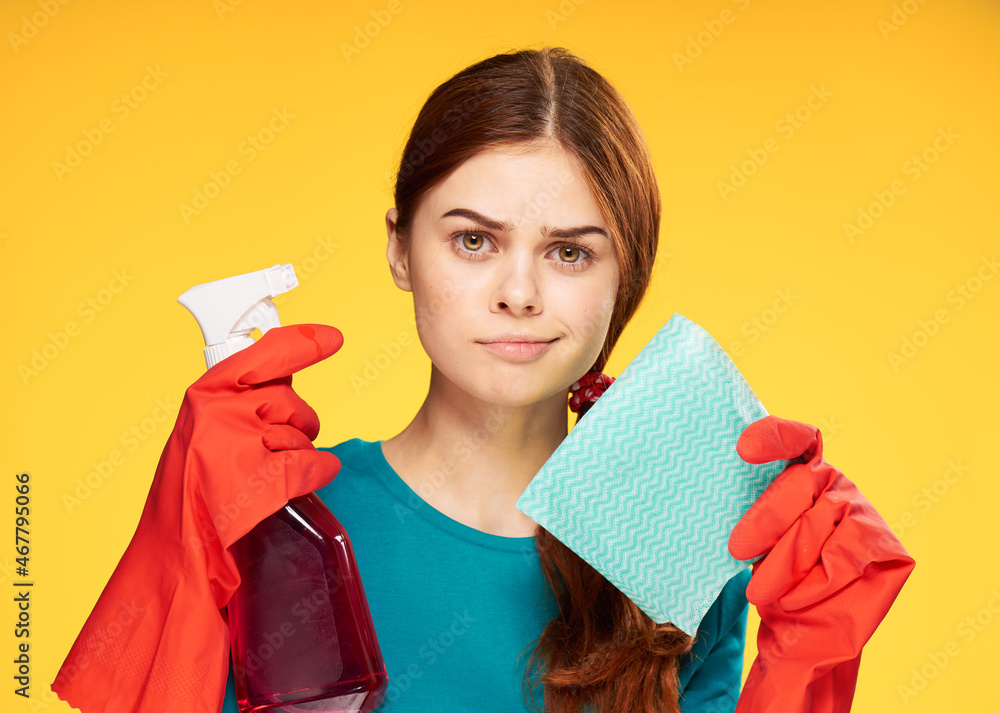 cleaning lady with detergent work yellow background positive cleaning lady with detergent work yellow background positive