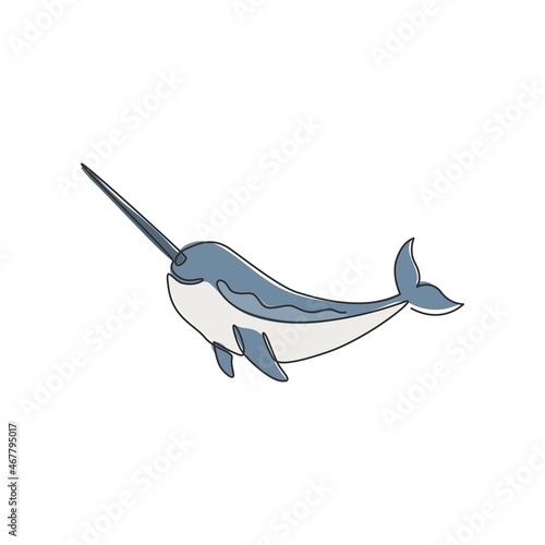 Single continuous line drawing of adorable narwhal for logo identity. Narwhale animal mascot concept for magical creature icon. One line graphic draw design vector illustration