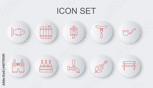 Set line Bench, Lederhosen, Retro wall watch, Violin, Fish, Wooden barrel, Pack of beer bottles and Beer tap icon. Vector
