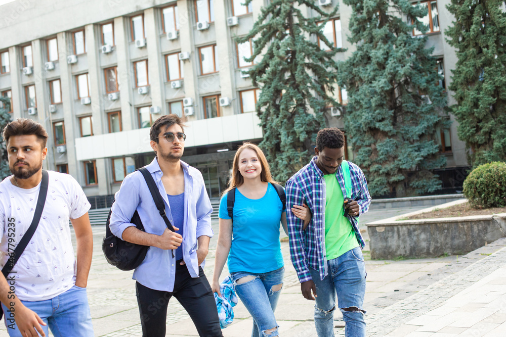 Obraz premium The diverse students leave the university after finish lessons