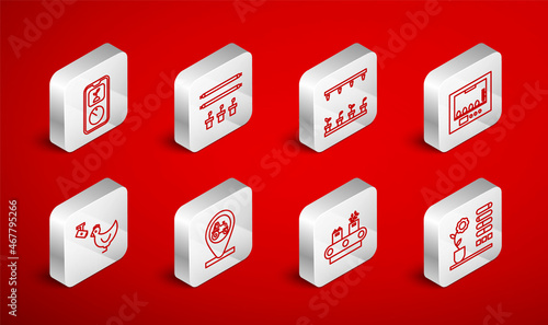 Set line Flower status, Smart farm with bulb and plant, Automatic irrigation sprinklers, Incubator for eggs, Conveyor belt box, farming technology, Tractor location and Chicken camera icon. Vector