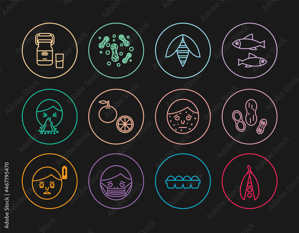 Set line Kidney beans, Peanut, Bee, Orange fruit, Handkerchief to his runny nose, Can container for milk, Face with psoriasis eczema and Bacteria icon. Vector Set line Kidney beans, Peanut, Bee, Orange fruit, Handkerchief to his runny nose, Can container for milk, Face with psoriasis eczema and Bacteria icon. Vector