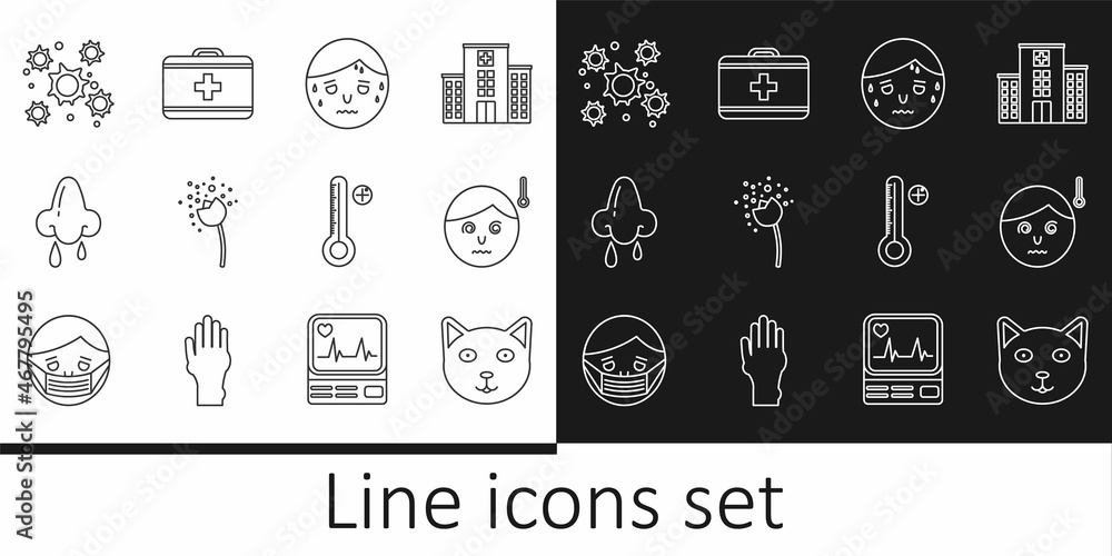 Set line Pet, High human body temperature, Man with excessive sweating, Flower producing pollen, Runny nose, Bacteria, Medical digital thermometer and First aid kit icon. Vector Set line Pet, High human body temperature, Man with excessive sweating, Flower producing pollen, Runny nose, Bacteria, Medical digital thermometer and First aid kit icon. Vector