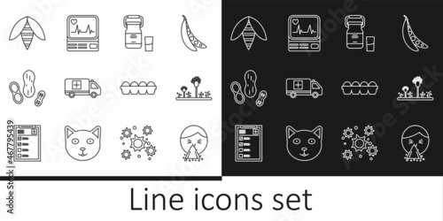 Set line Handkerchief to his runny nose, Mold, Can container for milk, Emergency car, Peanut, Bee, Chicken egg box and Monitor with cardiogram icon. Vector