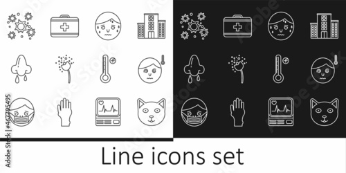 Set line Pet, High human body temperature, Man with excessive sweating, Flower producing pollen, Runny nose, Bacteria, Medical digital thermometer and First aid kit icon. Vector