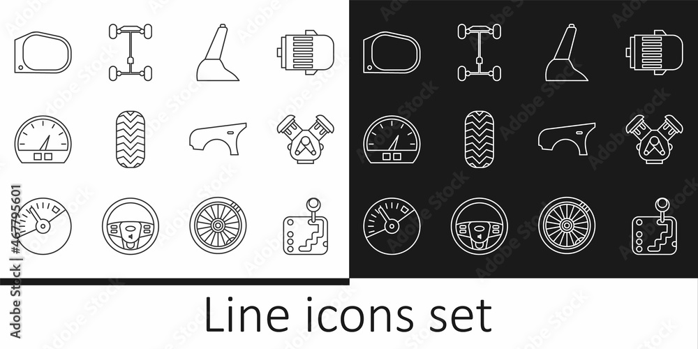 Set line Gear shifter, Car engine, handbrake, tire, Speedometer, mirror, fender and Chassis car icon. Vector