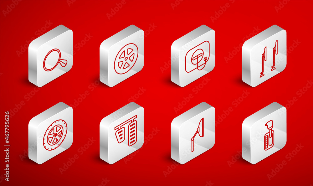 Set line Gear shifter, Car wheel, Oil filler cap at gas station, Windscreen wiper, mirror, and brake pedals and icon. Vector Set line Gear shifter, Car wheel, Oil filler cap at gas station, Windscreen wiper, mirror, and brake pedals and icon. Vector