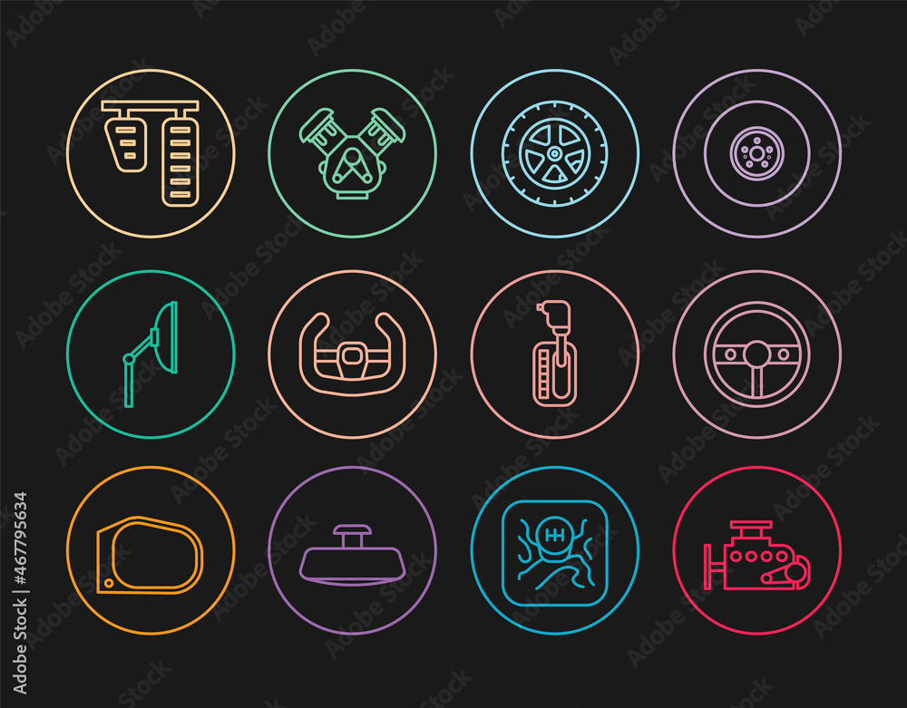 Set line Car engine, Steering wheel, Sport steering, Windscreen wiper, gas and brake pedals, Gear shifter and icon. Vector Set line Car engine, Steering wheel, Sport steering, Windscreen wiper, gas and brake pedals, Gear shifter and icon. Vector