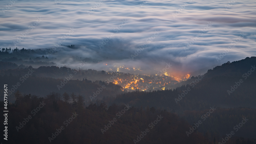 The small village of Sulzbach in the northern Black Forest is overtaken by fog