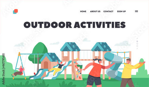 Outdoor Activities Landing Page Template. Happy Children Playing, Boys or Girls Fun on Playground. Characters Run, Swing