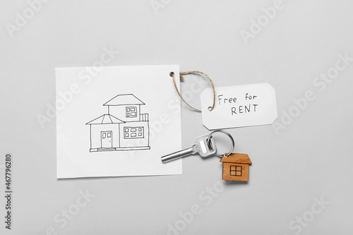 Key with keychain, drawing of house and text FREE FOR RENT on light background © Pixel-Shot