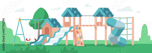 Kids Playground in Summer Park, Garden or Backyard With Spiral Tube Slide and Swing on Summer Landscape