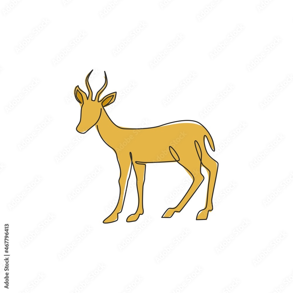 Obraz premium Single continuous line drawing of cute antelope for company logo identity. Horned gazelle mascot concept for national zoo icon. One line draw design graphic vector illustration