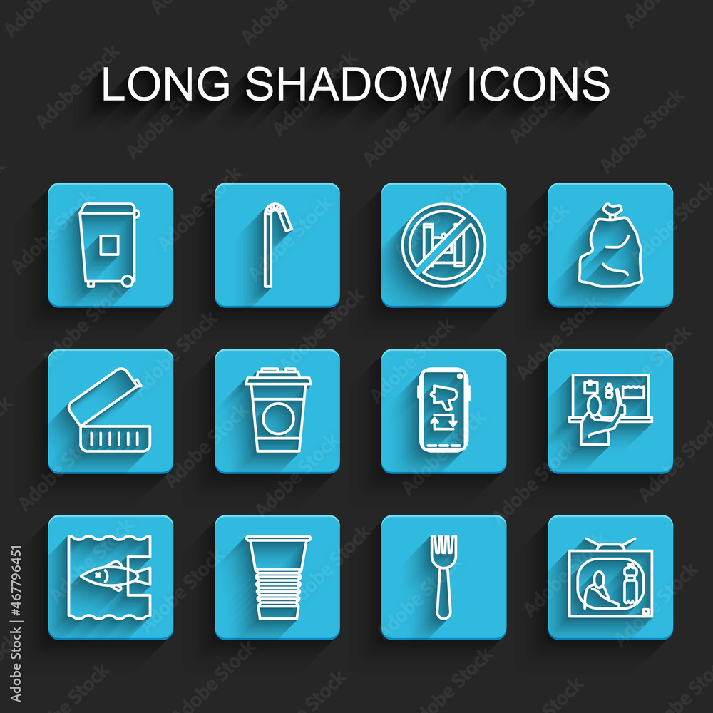 Set line Stop ocean plastic pollution, Paper glass, Trash can, Disposable fork, and Megaphone mobile icon. Vector Set line Stop ocean plastic pollution, Paper glass, Trash can, Disposable fork, and Megaphone mobile icon. Vector