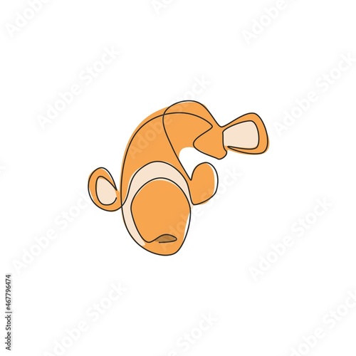 One single line drawing of cute clown fish for aquarium tank logo identity. Anemone fish mascot concept for under sea world icon. Continuous line draw design vector graphic illustration