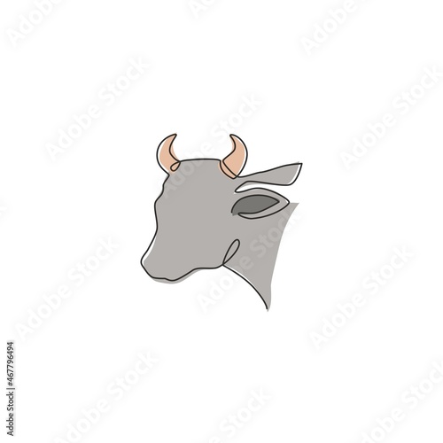 One continuous line drawing of sturdy cow head for agriculture logo identity. Mammal animal mascot concept for farming icon. Single line graphic draw design vector illustration