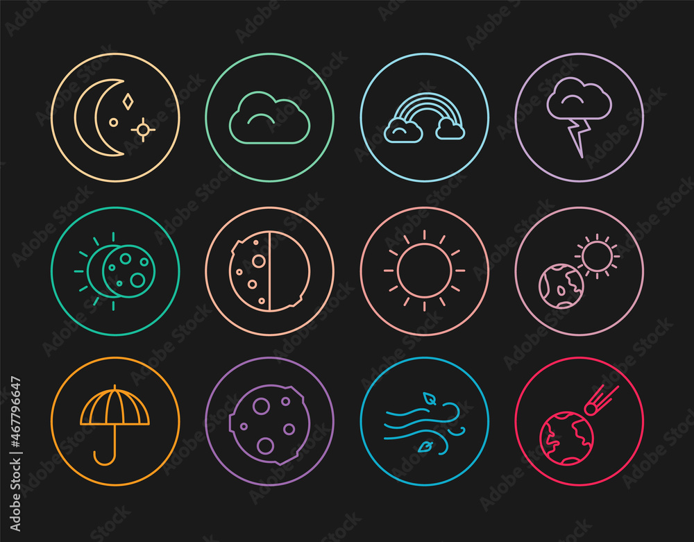 Set line Comet falling down fast, Earth globe and sun, Rainbow with clouds, Eclipse of the, Moon stars, Sun and Cloud icon. Vector Set line Comet falling down fast, Earth globe and sun, Rainbow with clouds, Eclipse of the, Moon stars, Sun and Cloud icon. Vector
