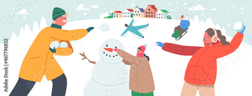 Children Characters Enjoying Snow Fun and Winter Holidays Festive Season. Happy Kids Making Snowman, Playing Snowballs