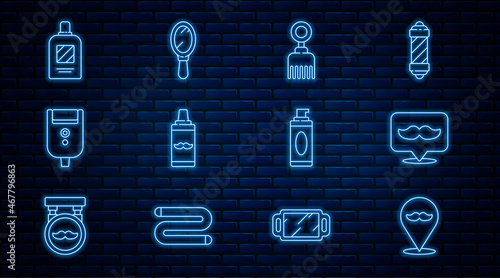 Set line Barbershop, Hairbrush, Shaving gel foam, Electric razor blade for men, Bottle of shampoo, and Hand mirror icon. Vector