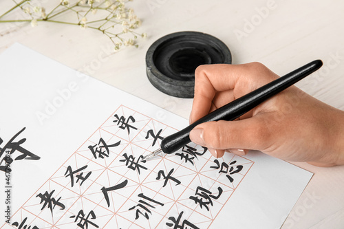 Asian calligraphist writing...