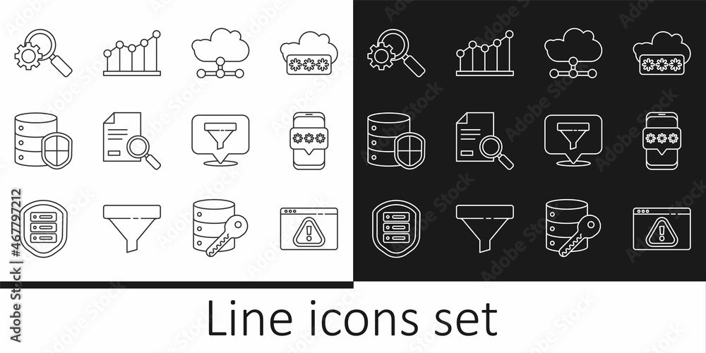 Set line Browser with exclamation mark, Network cloud connection, Document search, Server shield, Magnifying glass gear, Location sales funnel and Pie chart infographic icon. Vector