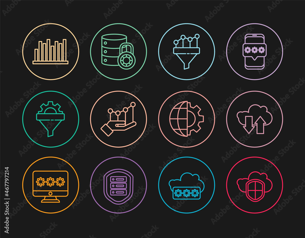 Set line Cloud and shield, download upload, Sales funnel with chart, Pie infographic, gear, Globe of the Earth and Server security lock icon. Vector Set line Cloud and shield, download upload, Sales funnel with chart, Pie infographic, gear, Globe of the Earth and Server security lock icon. Vector