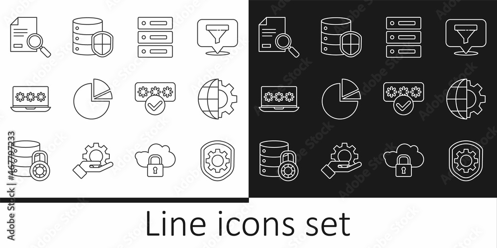 Set line Shield with settings gear, Globe of the Earth and, Server, Data, Web Hosting, Pie chart infographic, Laptop password, Document search, Password protection and shield icon. Vector