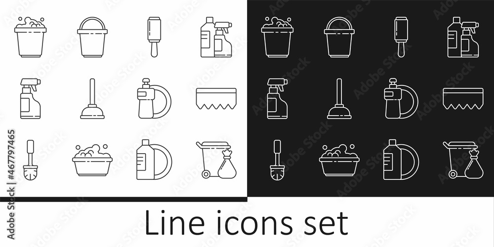 Set line Trash can and garbage bag, Sponge with bubbles, Adhesive roller, Rubber plunger, Spray bottle detergent liquid, Bucket soap suds, Dishwashing plate and icon. Vector