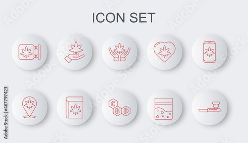 Set line Smoking pipe, Location and marijuana, Marijuana or cannabis leaf, Plastic bag of, store, Book and Cannabis molecule icon. Vector