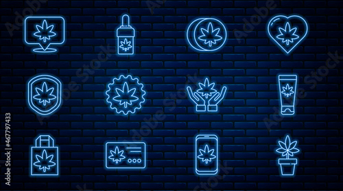 Set line Marijuana or cannabis plant, Medical cream with marijuana, Herbal ecstasy tablets, leaf, Shield and, Location, and olive oil icon. Vector